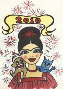 2010 with Frida Kahlo, sock monkey and blue kitty