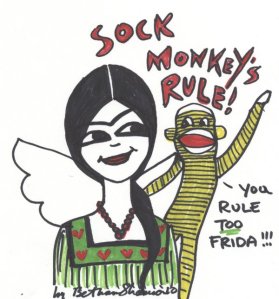 Frida Kahlo with sock monkey cartoon